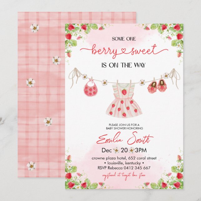 Invitation de la fête du Baby shower de fraise (Devant / Derrière)