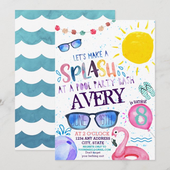 Invitation de la fête du pool d'aquarelles (Devant / Derrière)