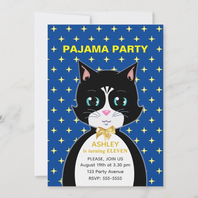 Invitation de la fête du pyjama de chat d'annivers (Devant)
