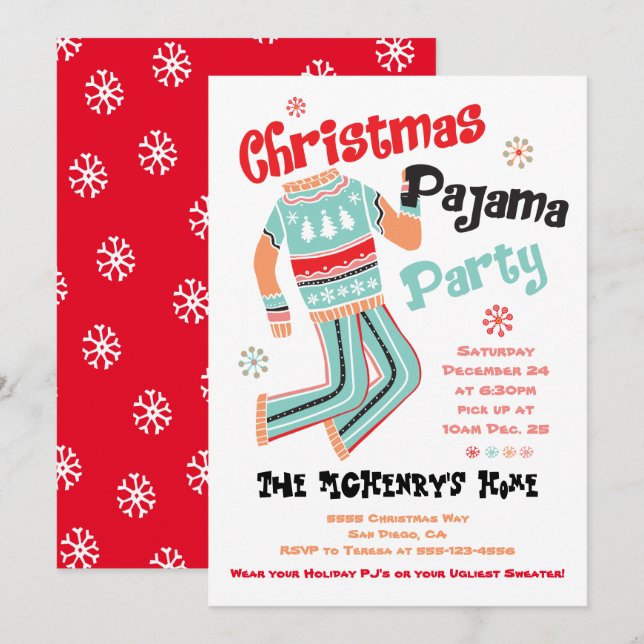 Invitation de la fête du pyjama de Noël (Devant / Derrière)