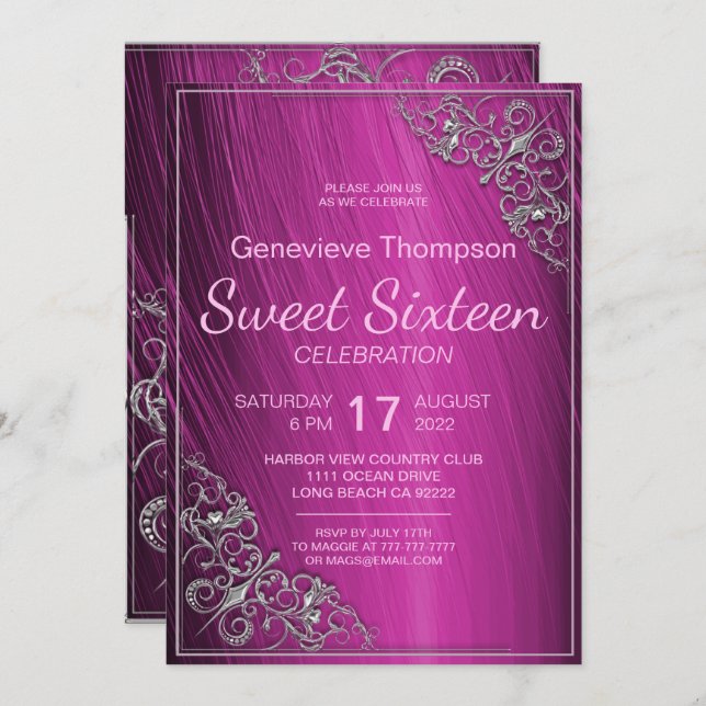 Invitation de la fête du Sweet sixteen rose glamou (Devant / Derrière)