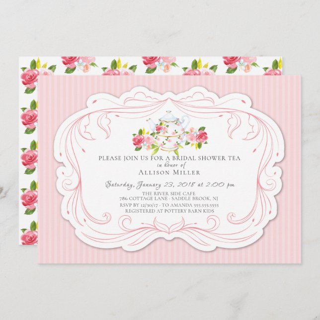 Invitation de la fête du thé de la nuptiale Rose v (Devant / Derrière)