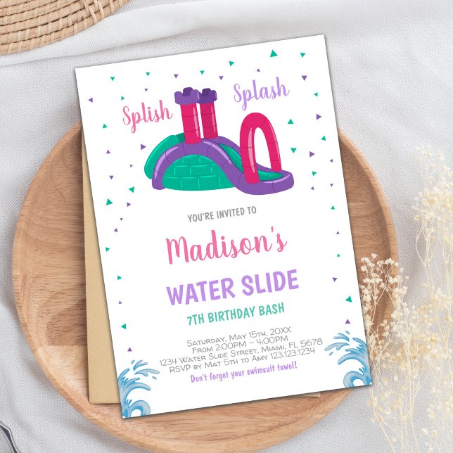 Invitation de la fête Eté pour Filles (Purple Pink Water Slide Birthday Invitations)