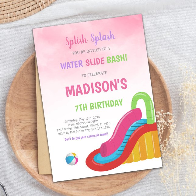 Invitation de la fête Eté pour Filles (Pink Water Slide Birthday Invitations)