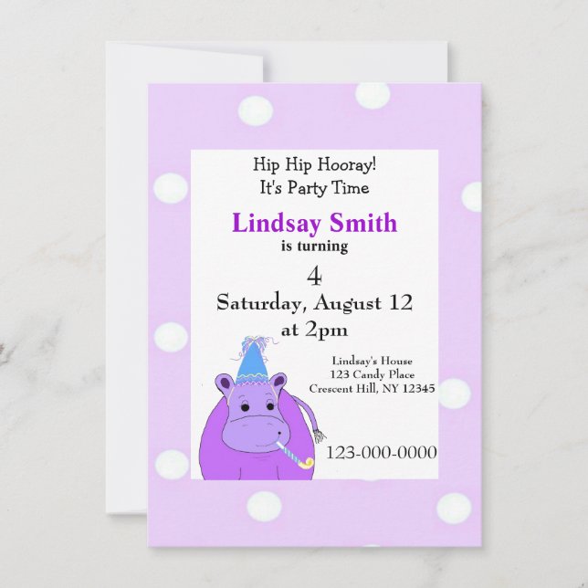 Invitation de la fête hippo violet (Devant)