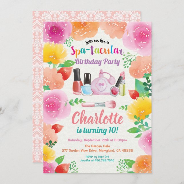 invitation de la fête spa. Fille fête d'anniversai (Devant / Derrière)