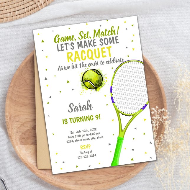 Invitation de la fête sportive éditable pour enfan (Gray Light Green Tennis Birthday Invitations)
