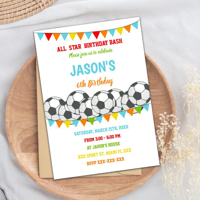 Invitation de la fête sportive pour enfants modifi (Rainbow Flags Soccer Birthday Invitations)