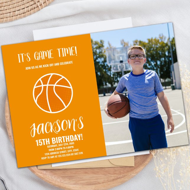 Invitation de la fête sportive pour enfants person (Orange Basketball Birthday Invitations w photo)