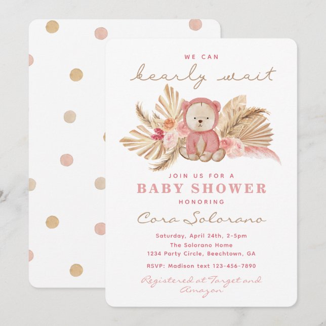 Invitation de la fille Teddy Bear Douche | Boho Te (Devant / Derrière)