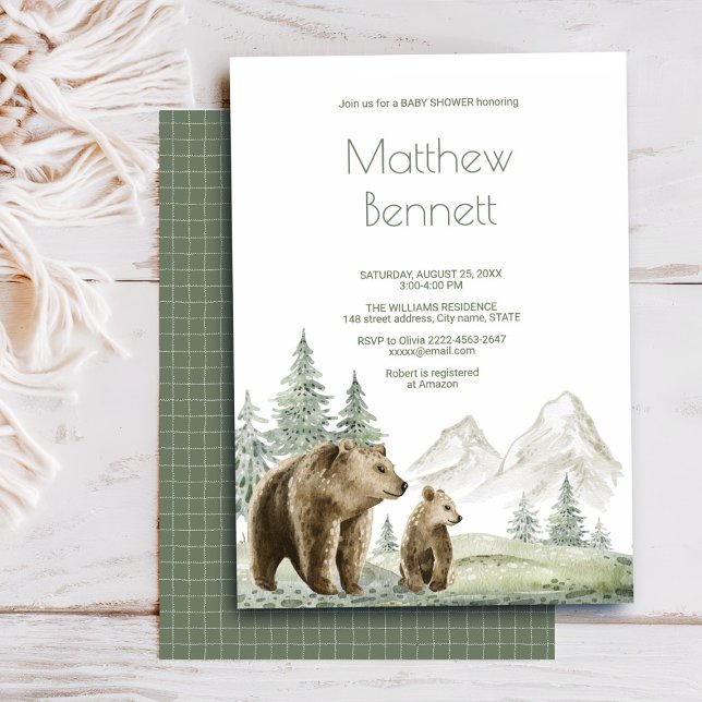 Invitation de la forêt d'aquarelle de la mère et d (Cute watercolor baby shower invite with forest and bear design in sage green. Ideal for woodland the)