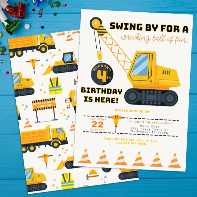 Invitation de la grue de construction du 4e annive (Construction Vehicles Birthday Party Invite)