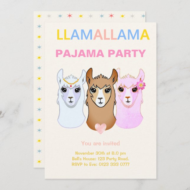 Invitation de la Llama Pajama Party (Devant / Derrière)