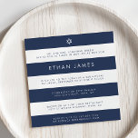 Invitation de la marine moderne et de la bande bla<br><div class="desc">Nos invitations Bar Mitzvah ont une ambiance nautique moderne, avec de larges bandes horizontales bleu marine et blanc avec des lettres sans serif modernes et une petite étoile de David au sommet. Utilisez les champs de texte fournis pour ajouter votre entrée personnalisée, les détails de la cérémonie et les détails...</div>