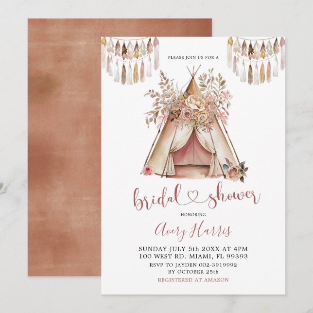 Invitation de la nuptiale Boho Teepee (Devant / Derrière)