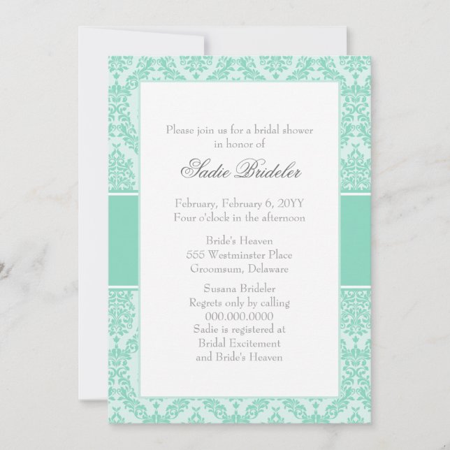 Invitation de la nuptiale Pearl Aqua Damask (Devant)