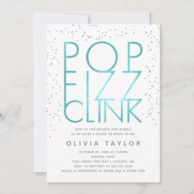 Invitation de la nuptiale Pop Fizz Clink, Aqua (Devant)