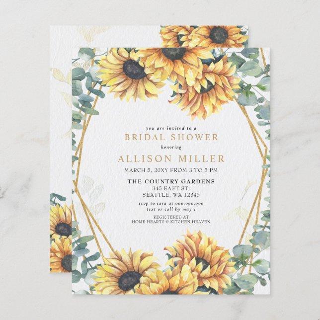 Invitation de la nuptiale Sunflower Gold Budget (Devant / Derrière)