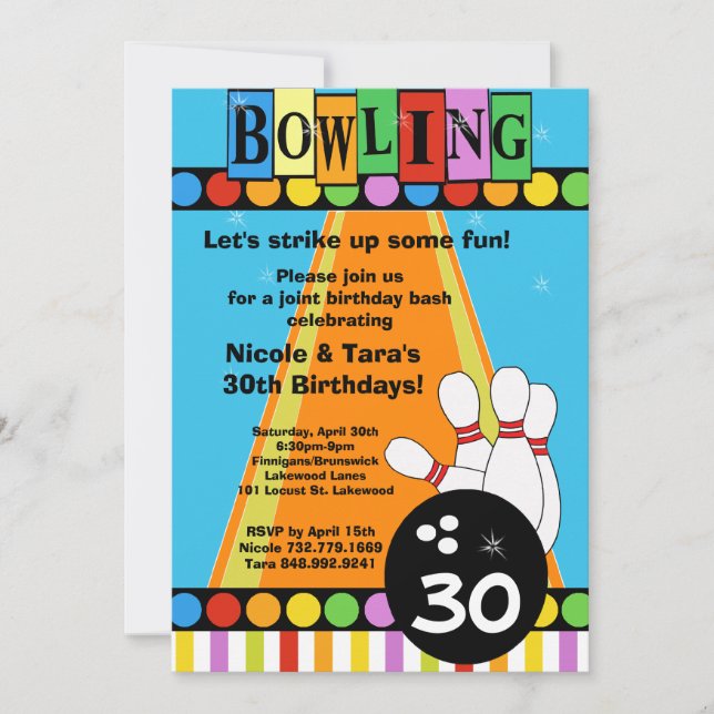 Invitation de la partie de bowling d'anniversaire  (Devant)