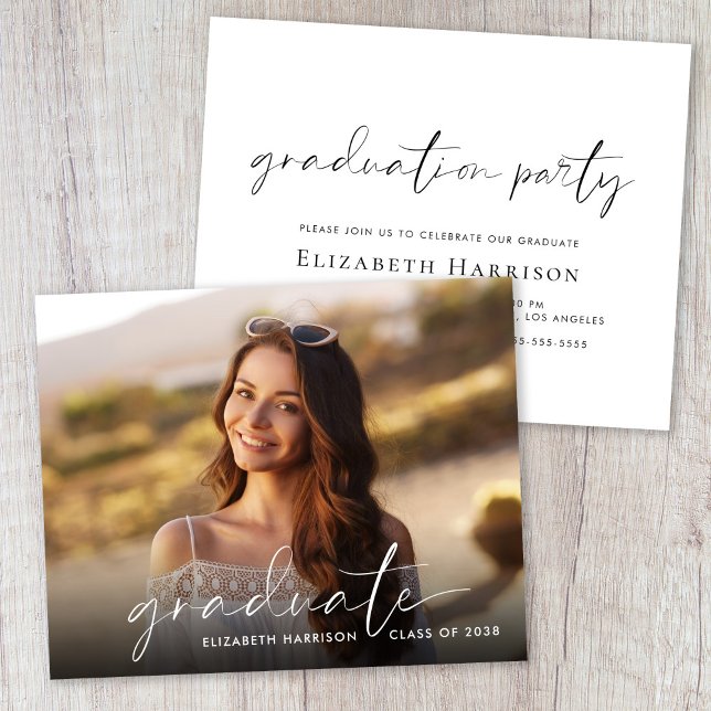 Invitation de la partie de graduation du script de (A personalized photo graduation party invitation to celebrate the graduate's achievements)