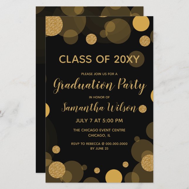 Invitation de la partie de graduation en or noir b (Devant / Derrière)