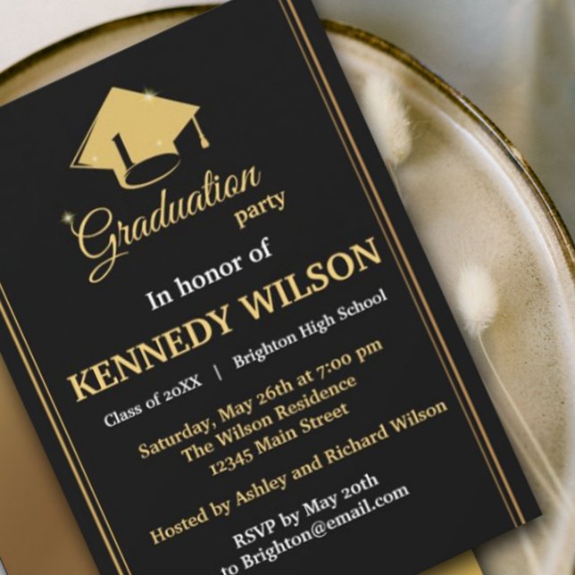 Invitation de la partie de graduation en or noir m (Modern and stylish graduation announcement/invitation. #senior #sparkles#highschooluniversity)