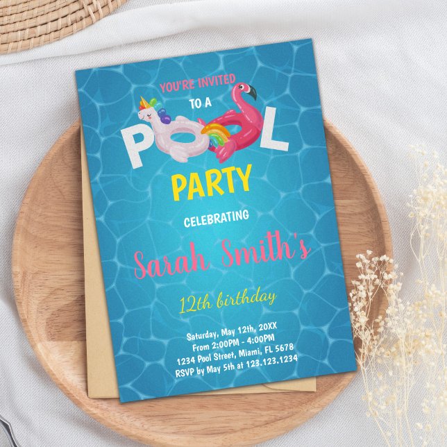 Invitation de la partie de natation magique et tro (Unicorn Flamingo Pool Birthday Invitations)
