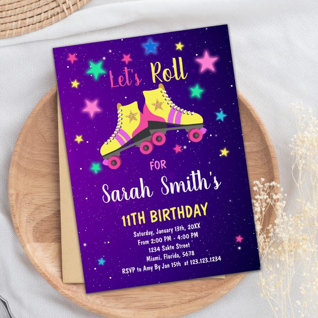 Invitation de la partie de patinage à rouleaux rét (Neon Star Skate Birthday Invitations)