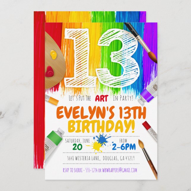 Invitation de la partie de peinture, fête d'annive (Devant / Derrière)