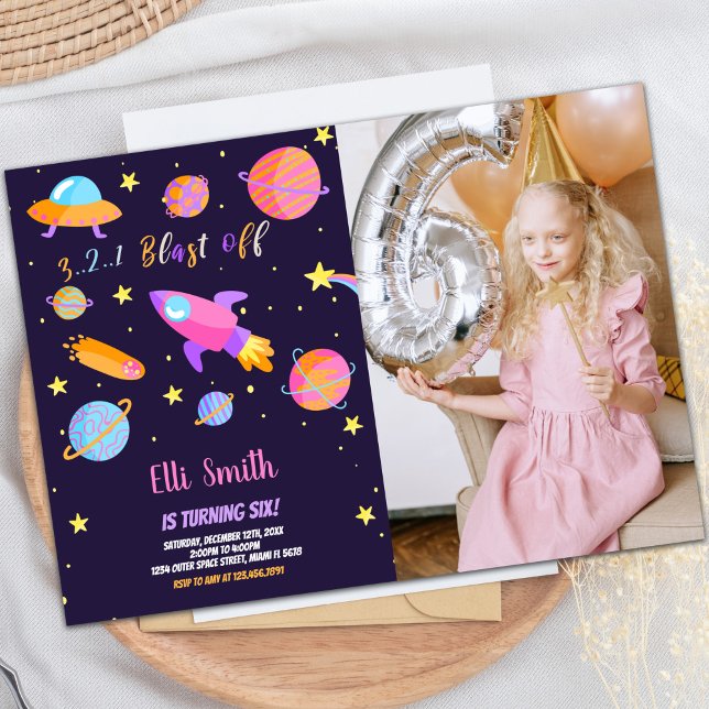 Invitation de la partie Espace Enfants personnalis (Rocket Outer Space Birthday Invitations with photo)