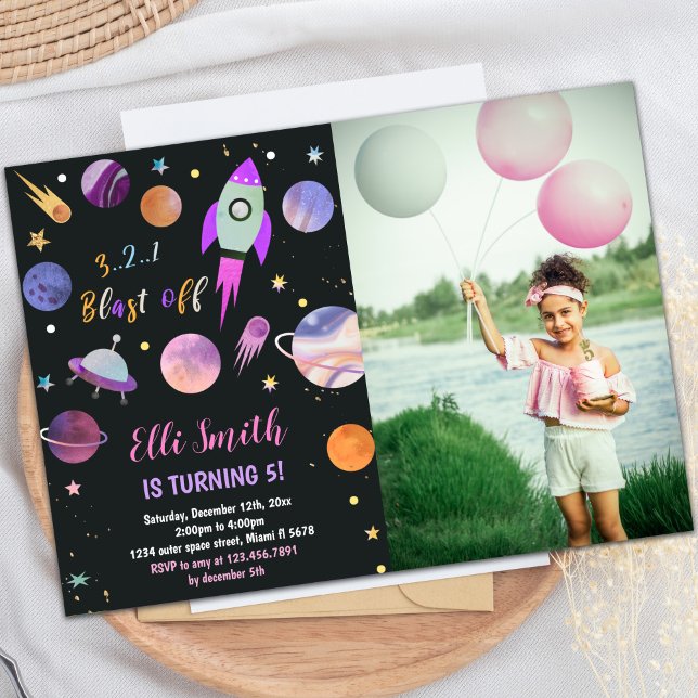 Invitation de la partie spatiale personnalisée (Galaxy Purple Planets Birthday Invitations w photo)