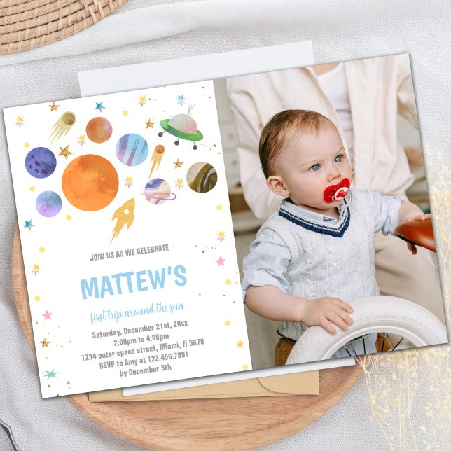 Invitation de la partie spatiale personnalisée (Planets Galaxy Birthday Invitations with photo)