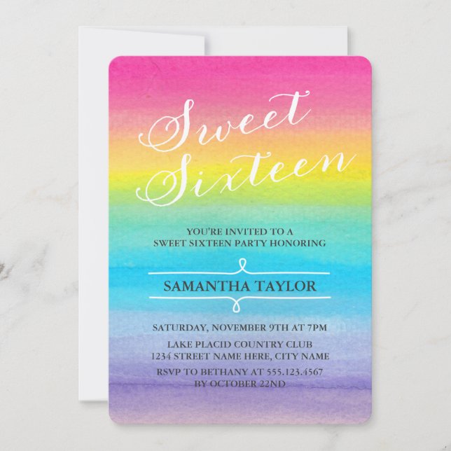 Invitation de la partie Sweet sixteen arc-en-ciel  (Devant)