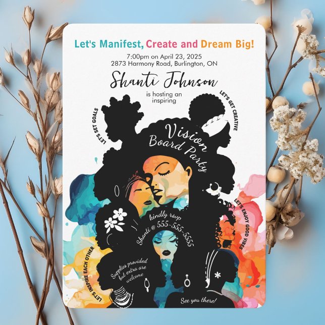 Invitation de la partie Vision Board (Bold, colorful vision board party invitation celebrating unity and empowerment.)