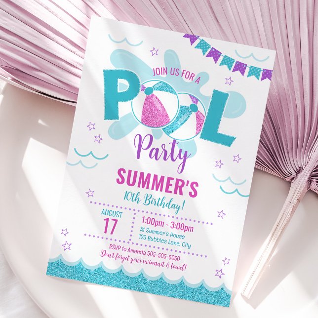 Invitation de la piscine moderne, été fille Annive (Modern Pool Party Invitation)