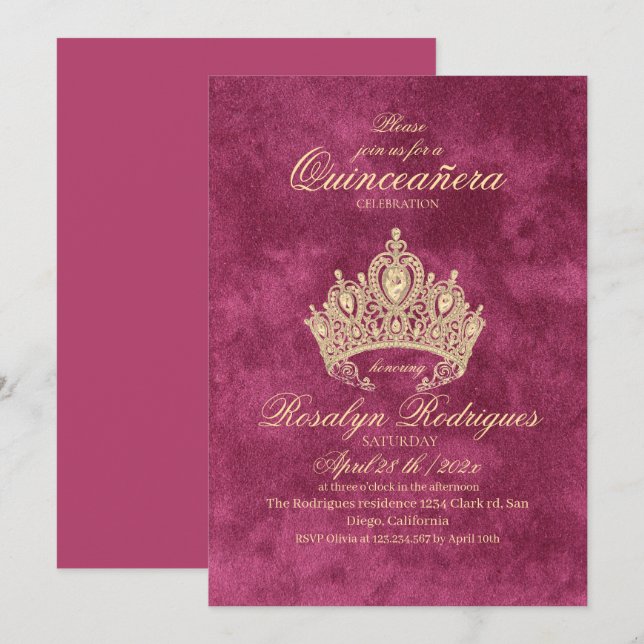 Invitation de la princesse rose or Quinceañera (Devant / Derrière)