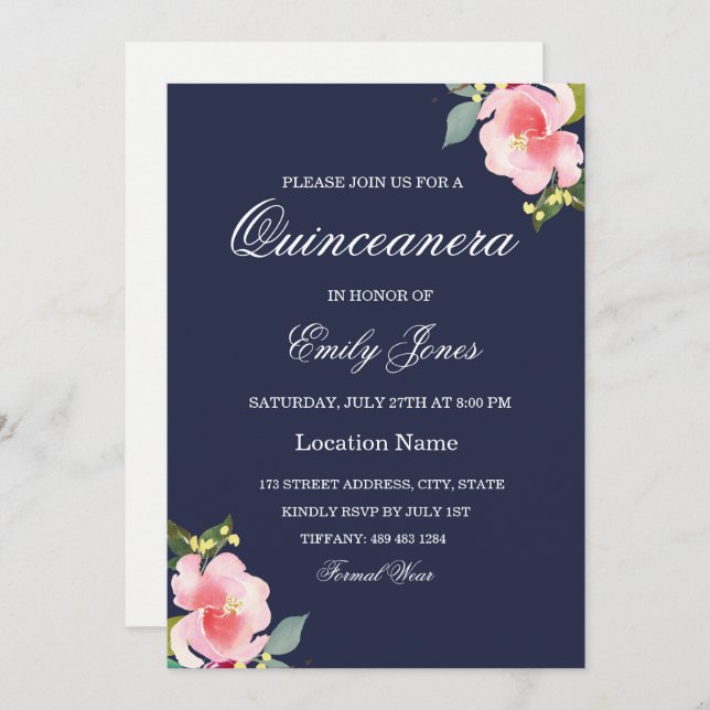 Invitation de la Quinceanera bleue de la marine à  (Devant / Derrière)