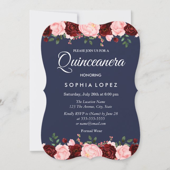 Invitation de la Quinceanera Florale Bleue Bourgog (Devant)