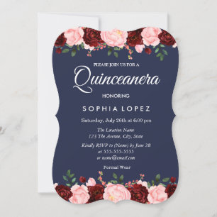 Invitation de la Quinceanera Florale Bleue Bourgog