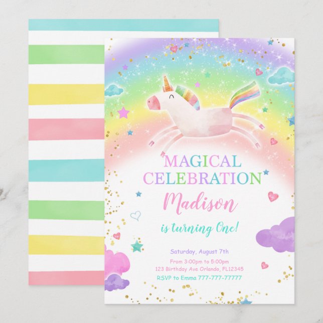 Invitation de la soirée Rainbow Unicorn (Devant / Derrière)