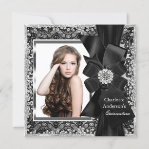 Invitation de Lace & Bow Silver Black Quinceanera