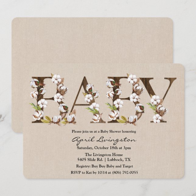 Invitation de l'alphabet de coton baby shower (Devant / Derrière)