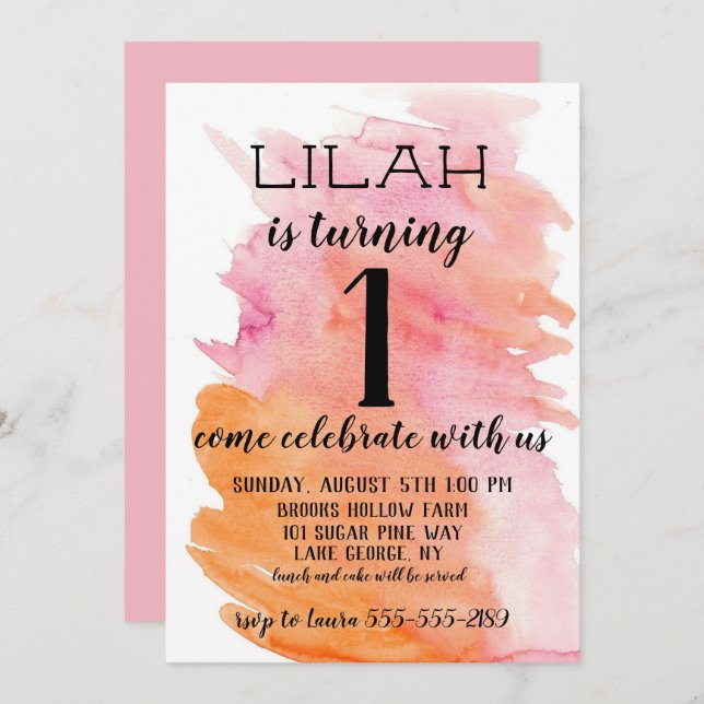 Invitation de l'anniversaire de la fille rose (Devant / Derrière)