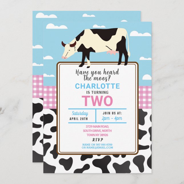 Invitation de l'anniversaire de la vache Deux 2e I (Devant / Derrière)