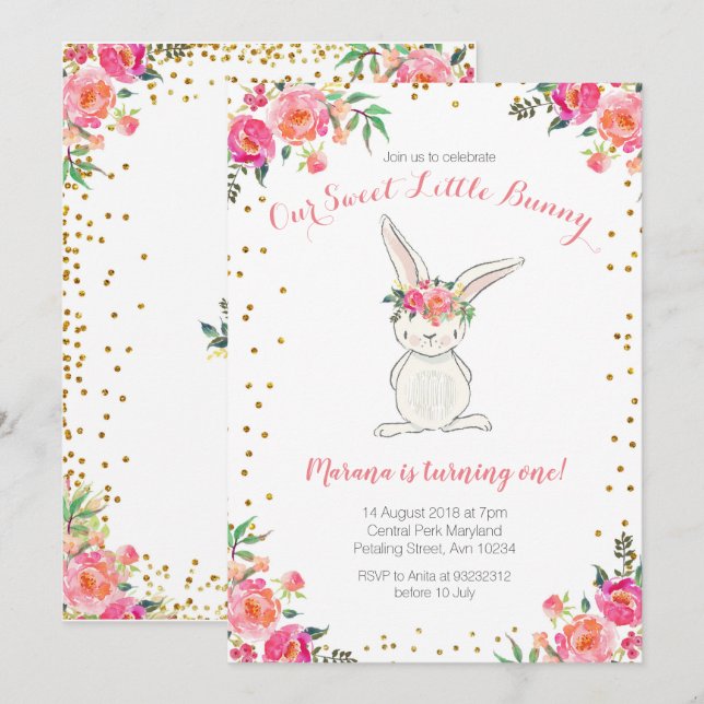 Invitation de lapin en or rose premier anniversair (Devant / Derrière)