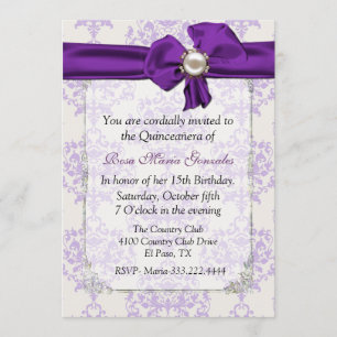 Invitation de Lavender et Cream Damask Quinceañera