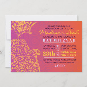 Invitation de l'Bat mitzvah rouge orange HAMSA
