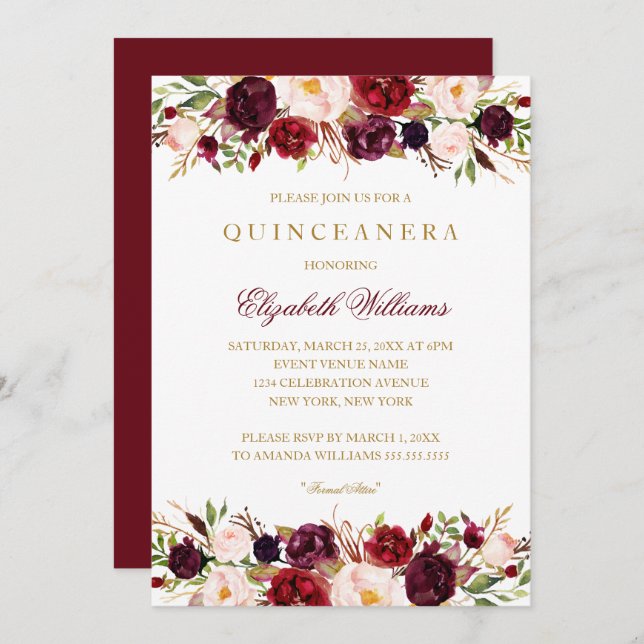 Invitation de l'élégante Rose bourguignonne Quince (Devant / Derrière)