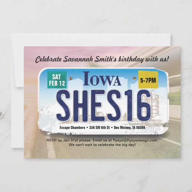 Invitation de licence Iowa pour fille 16e annivers (Devant)