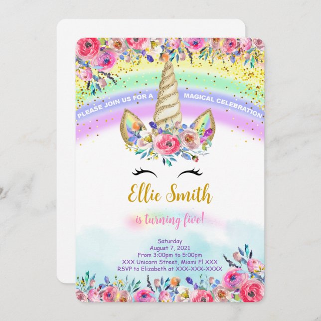 Invitation de Licorne Magique Rouge (Devant / Derrière)